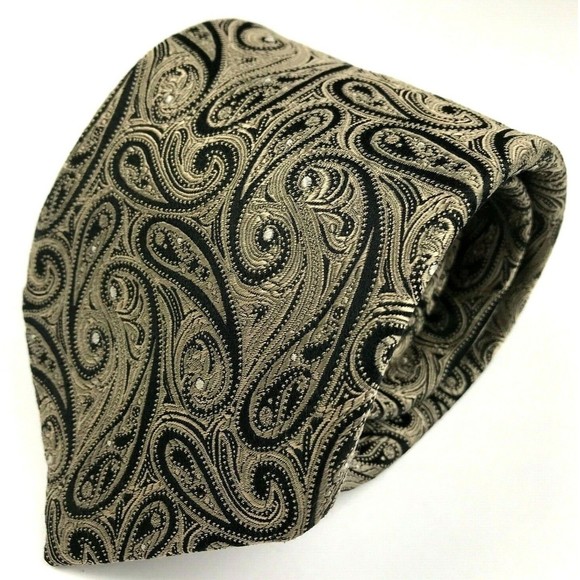 CHAPS Tie Men's 100% Silk Necktie Designer PAISLEY Black Tan Classic Wide 57.5" - Picture 6 of 10